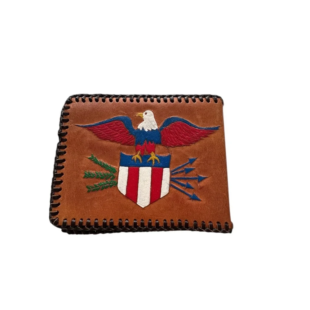Hand Tooled Leather Bifold Wallet American Eagle Shield Whipstitch‎ Tan Brown